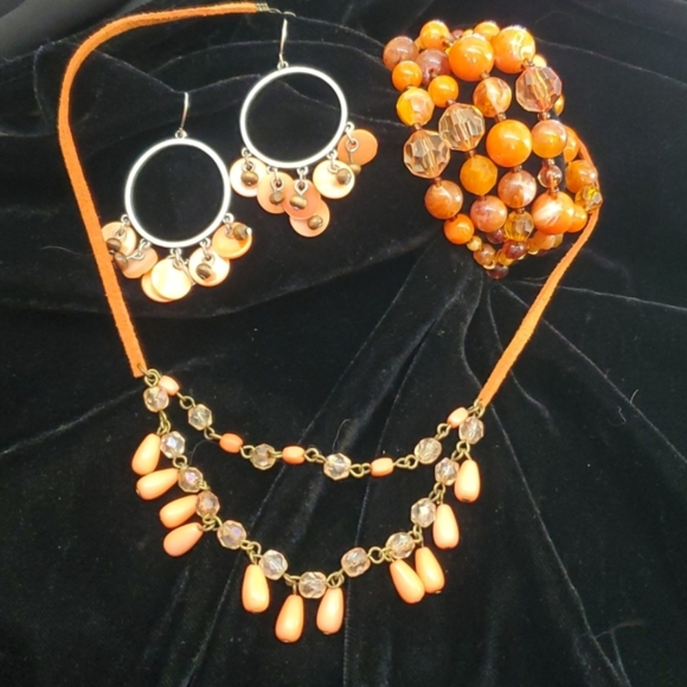 silver coral color necklace, bracelet and earrings set